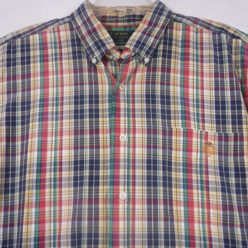 Lauren Ralph Lauren Mens‎ XL Plaid Button Down Shirt Short Sleeve Cotton Crest